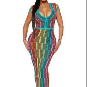 Multi-Color Sia Blocked Striped V Neck Knit  Maxi Dress